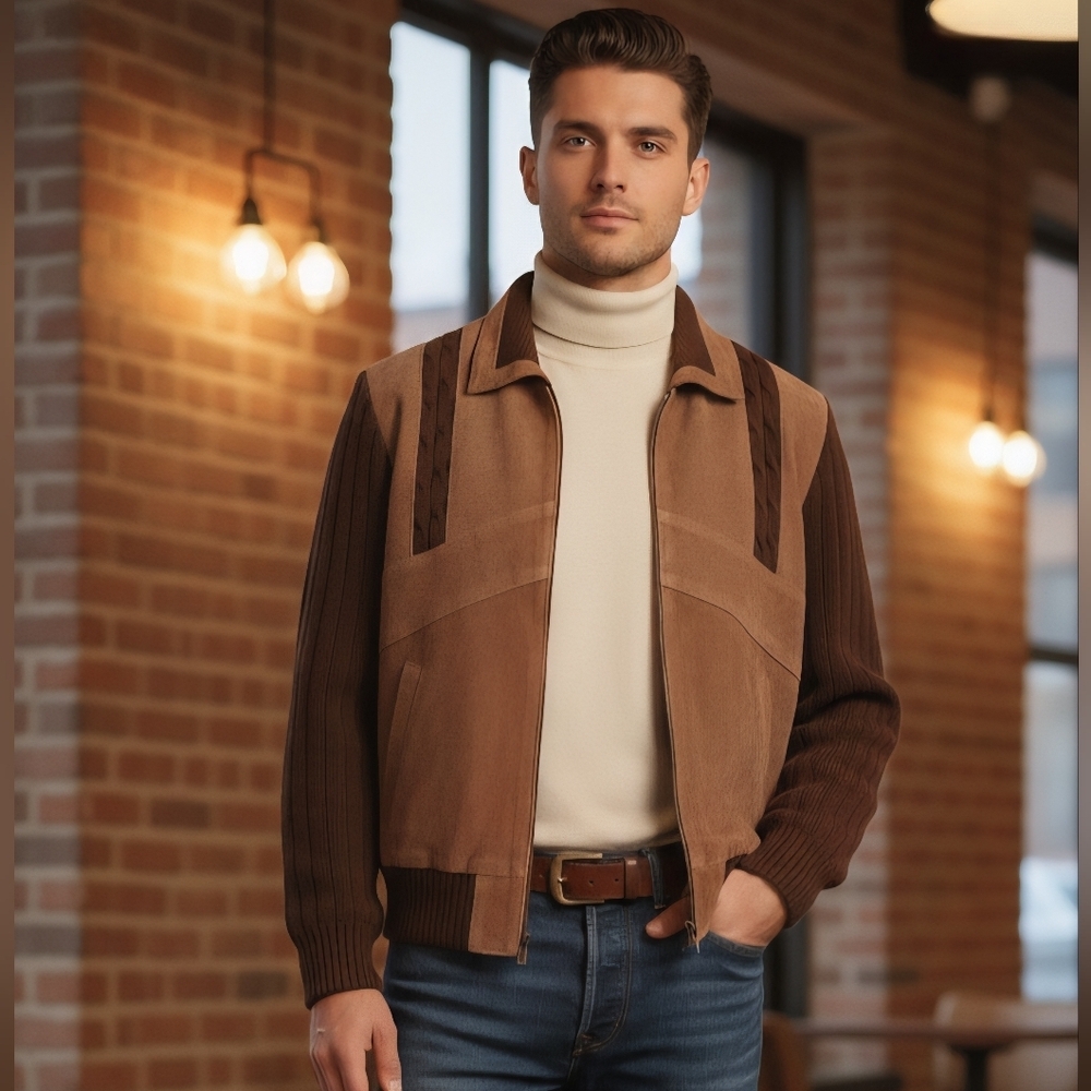 VTG 80s Repage Suede Knit Bomber Jacket | Men's S / Women's M | Brown Cardigan